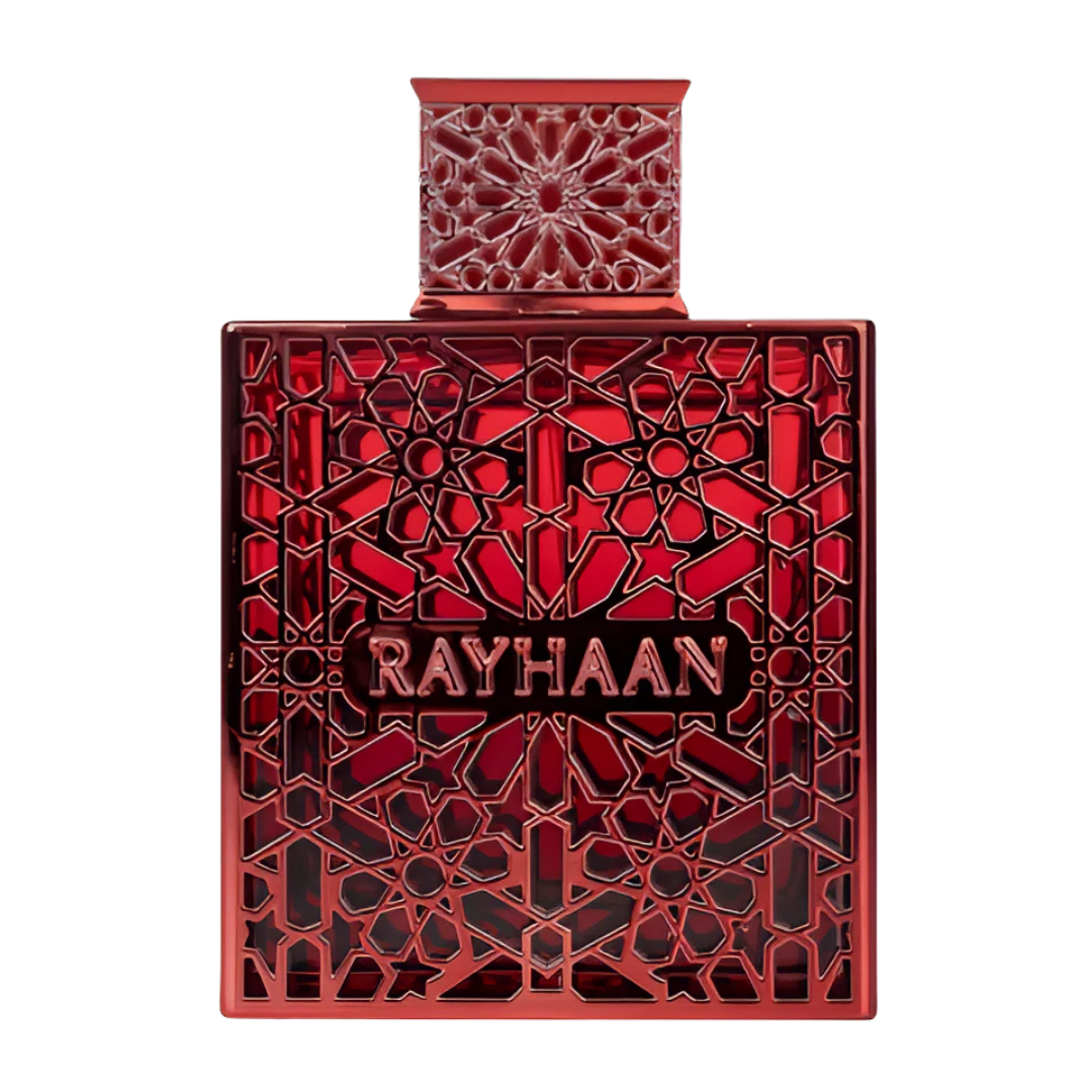 Red ornate perfume bottle with 'RAYHAAN' branding on a white background. Rayhaan Crimson Mens Perfume