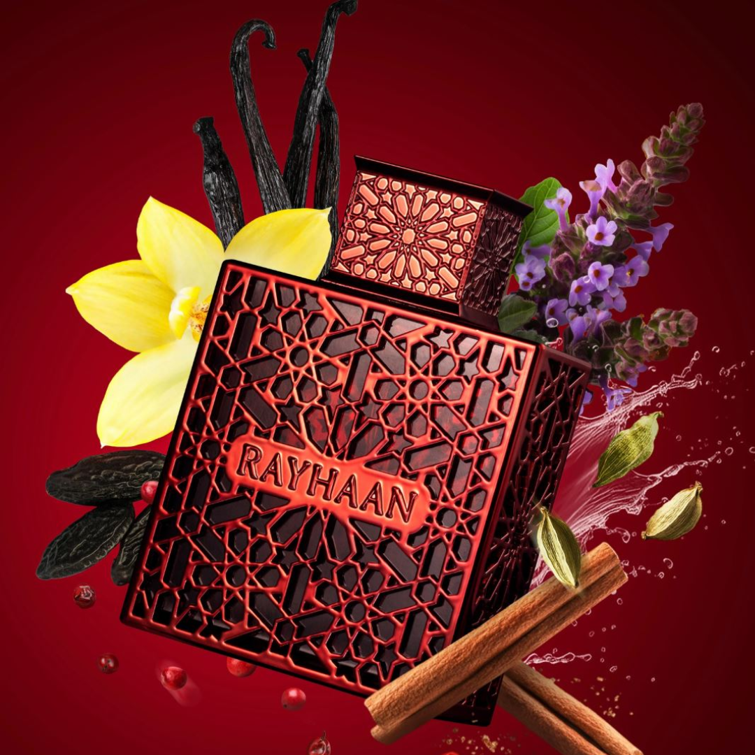 Decorative bottle of Rayhaan perfume with floral and spice elements on a red background. Rayhaan Crimson Mens Perfume