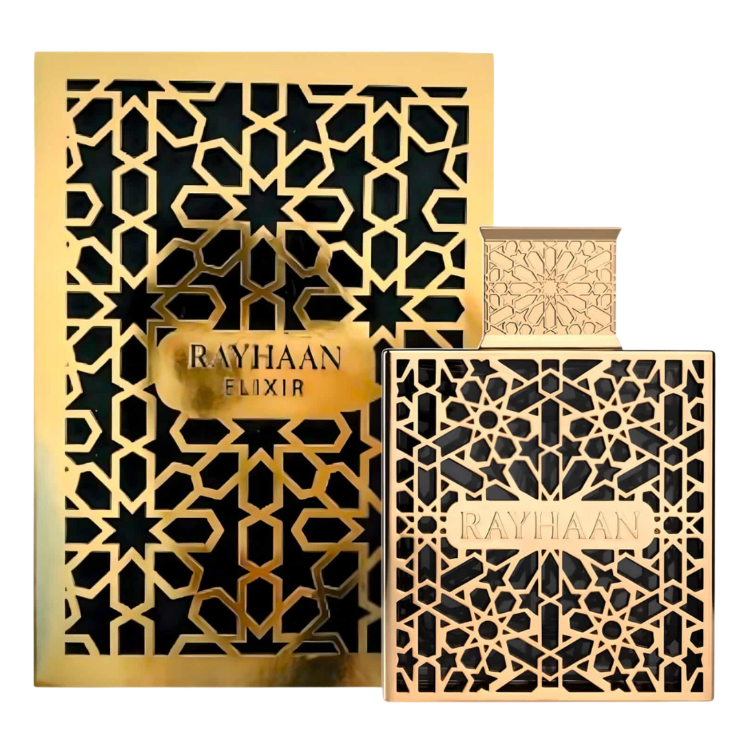 Decorative boxes with intricate gold patterns and 'Rayhaan' branding on a white background. Rayhaan Elixir Mens Perfume
