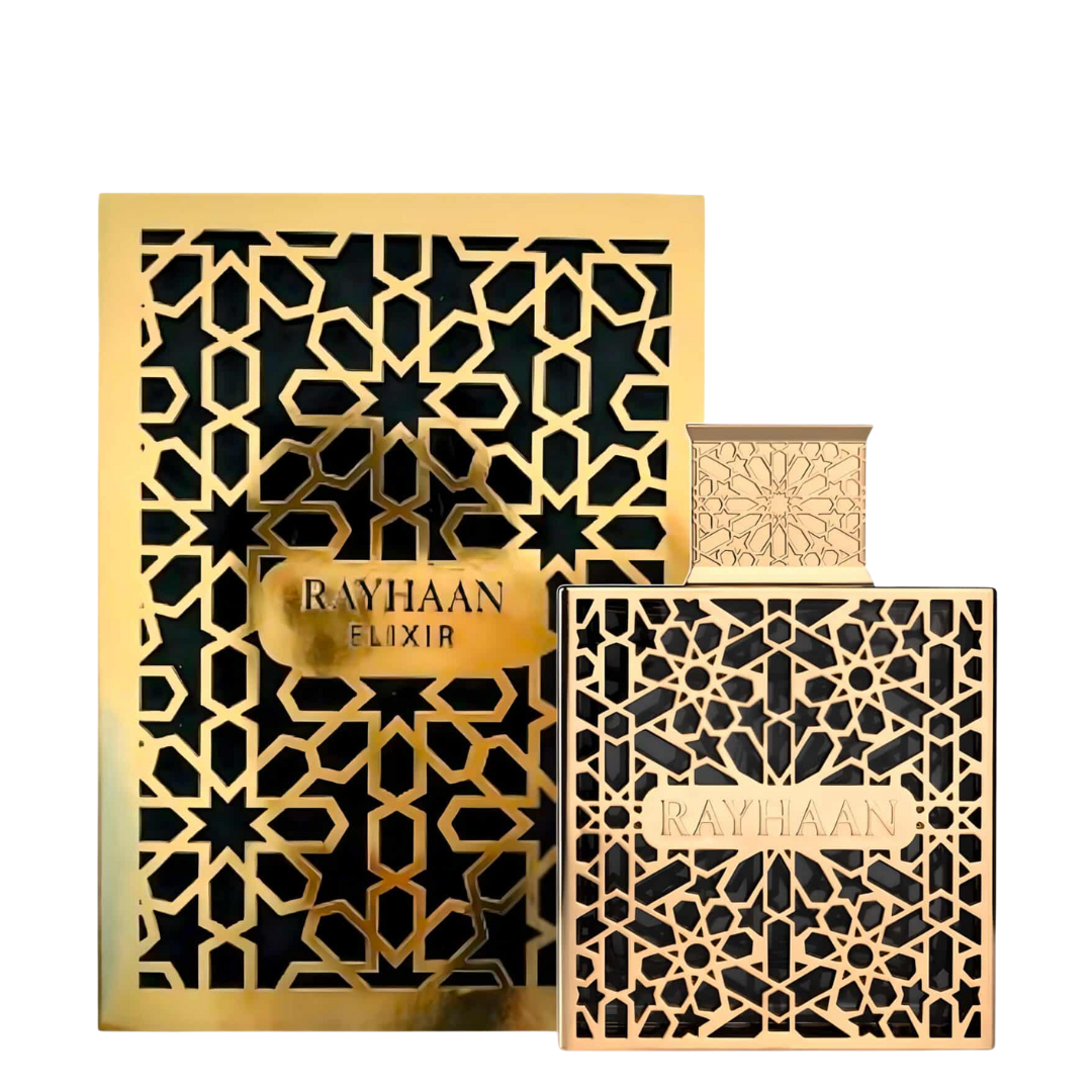 Decorative boxes with intricate gold patterns and 'Rayhaan' branding on a white background. Rayhaan Elixir Mens Perfume