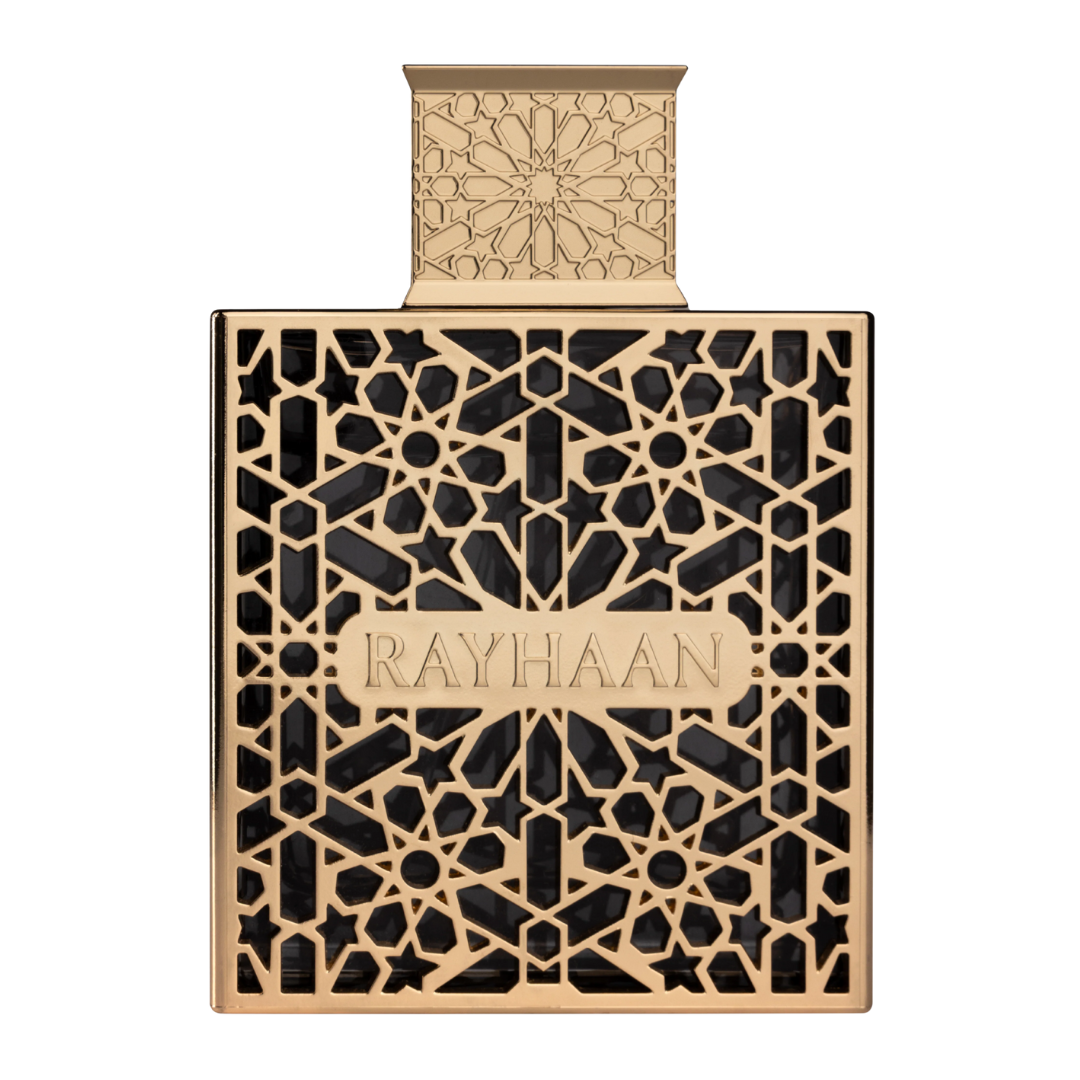 Decorative bottle with intricate patterns and 'RAYHAAN' branding on a white background. Rayhaan Elixir Mens Perfume
