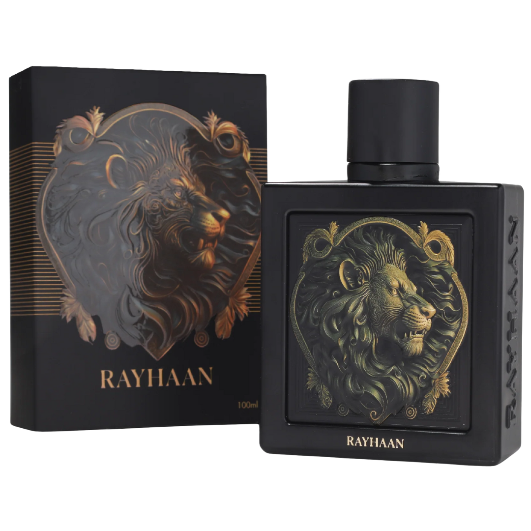 Rayhaan perfume bottle and packaging with lion design on a white background. Rayhaan Lion Mens Perfume