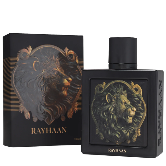 Rayhaan perfume bottle and packaging with lion design on a white background. Rayhaan Lion Mens Perfume