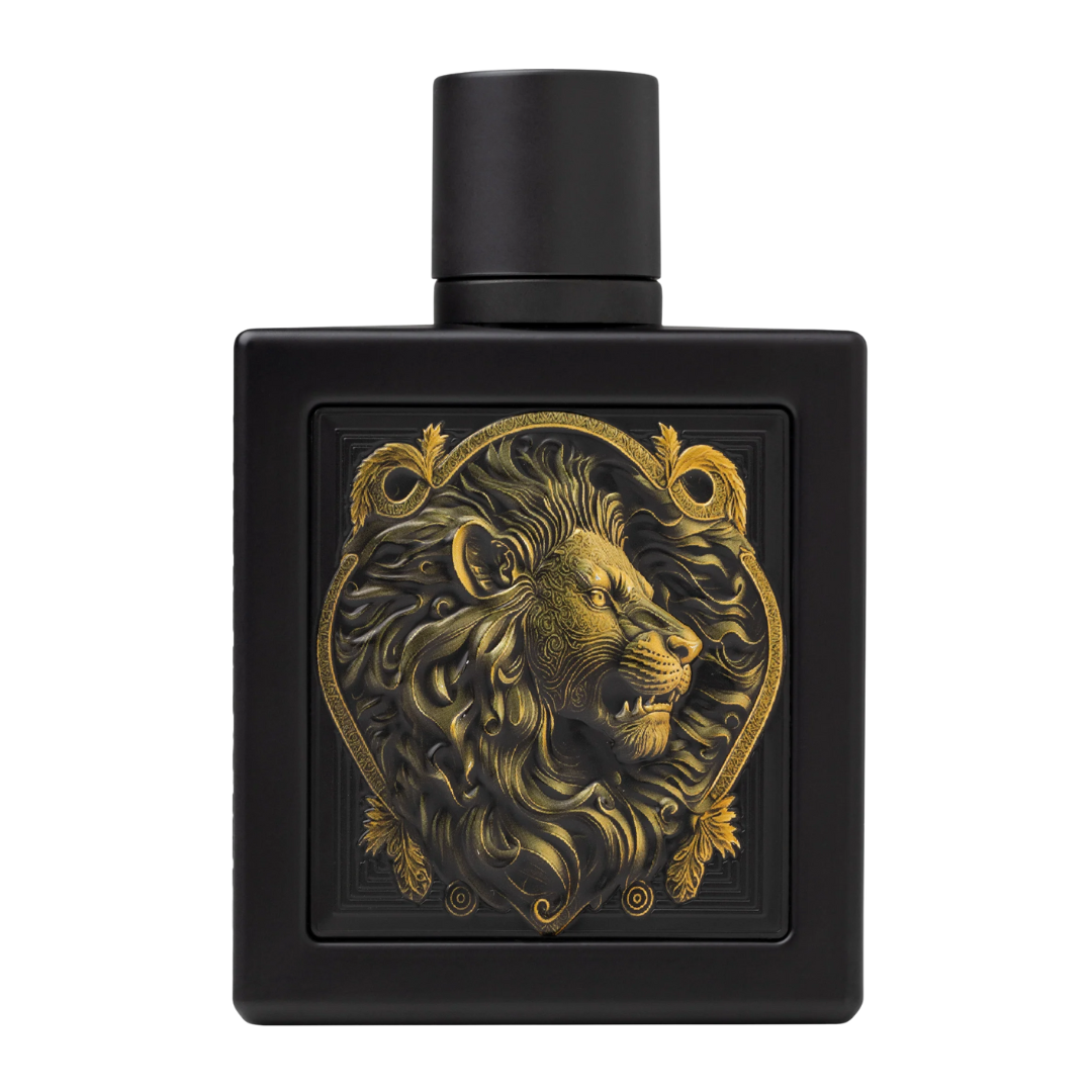 Black perfume bottle with gold lion design on a white background. Rayhaan Lion Mens Perfume.