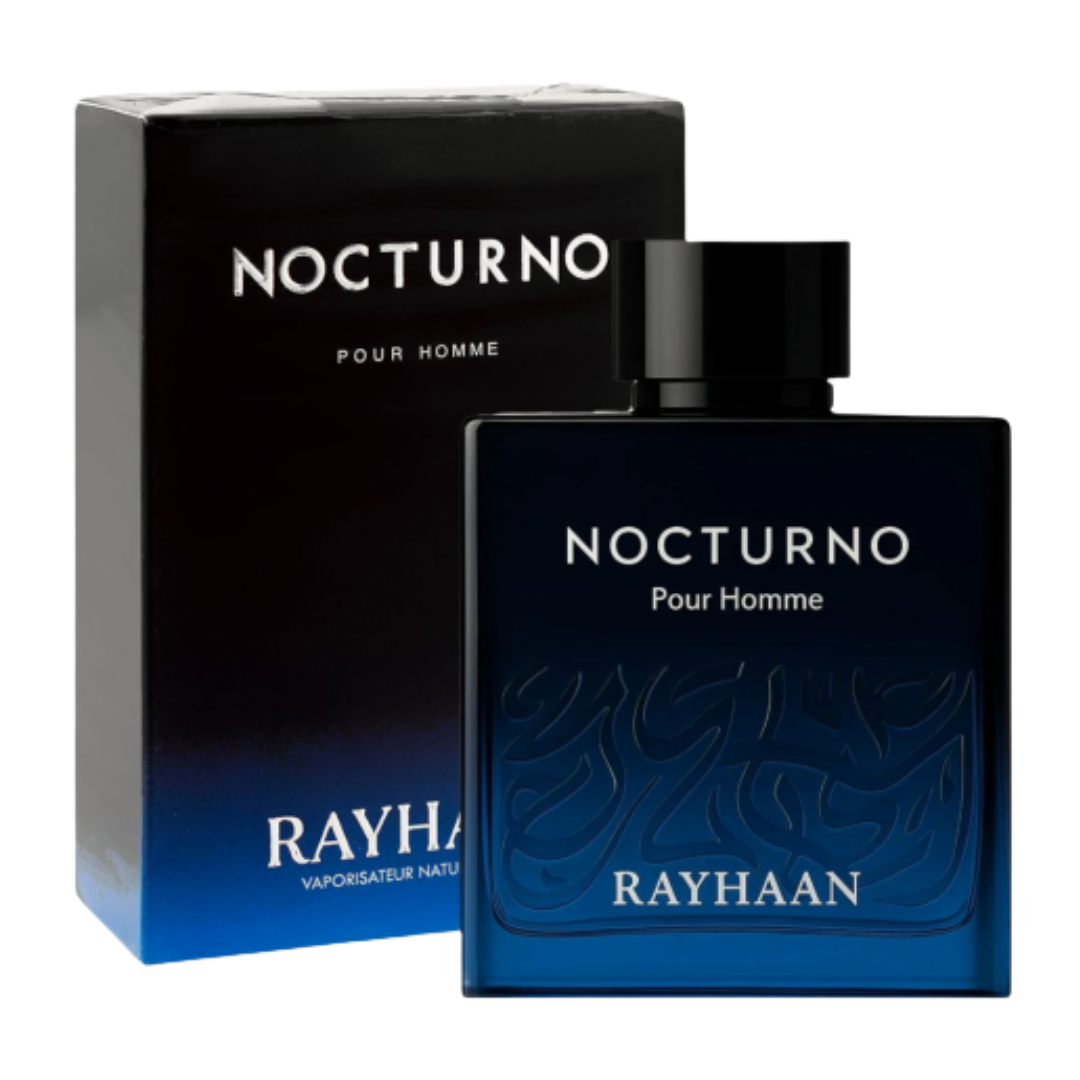 Rayhaan Nocturno Pour Homme perfume bottle and packaging on a white background