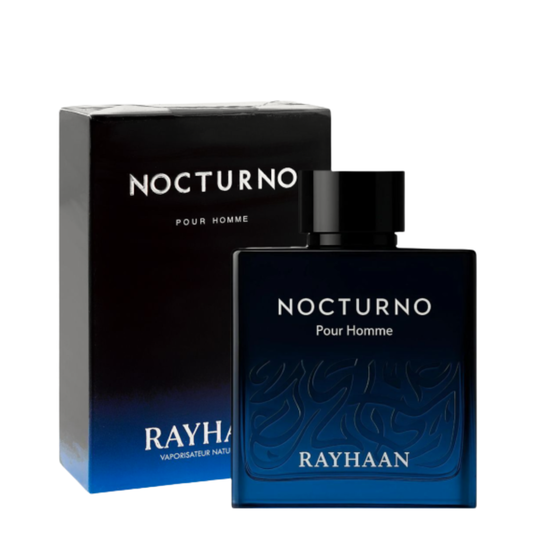 Rayhaan Nocturno Pour Homme perfume bottle and packaging on a white background