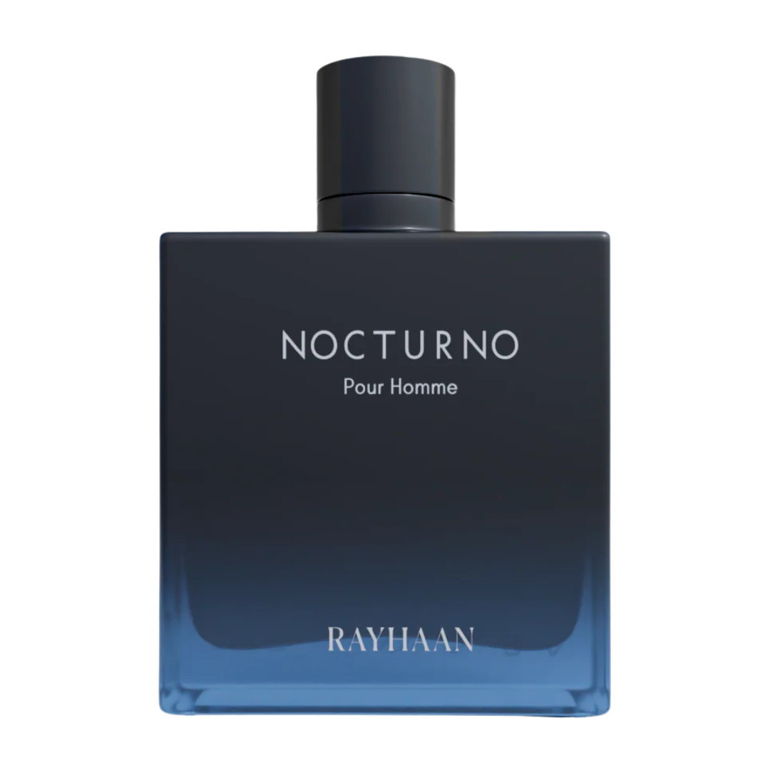 Perfume bottle labeled 'Nocturno Pour Homme' by Rayhaan on a white background.