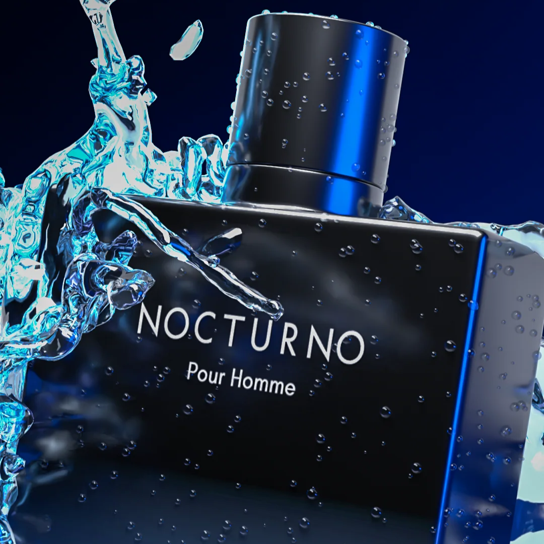 Perfume bottle labeled 'Nocturno Pour Homme' with water droplets on a dark background. Rayhaan Nocturno Mens Perfume