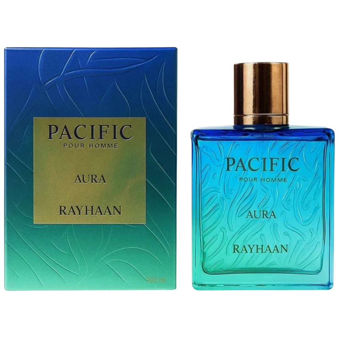 Perfume bottle and packaging of Pacific Pour Homme Aura Rayhaan on a white background. Rayhaan Pacific Aura Mens Perfume