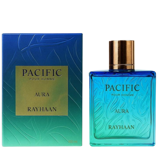Perfume bottle and packaging of Pacific Pour Homme Aura Rayhaan on a white background. Rayhaan Pacific Aura Mens Perfume