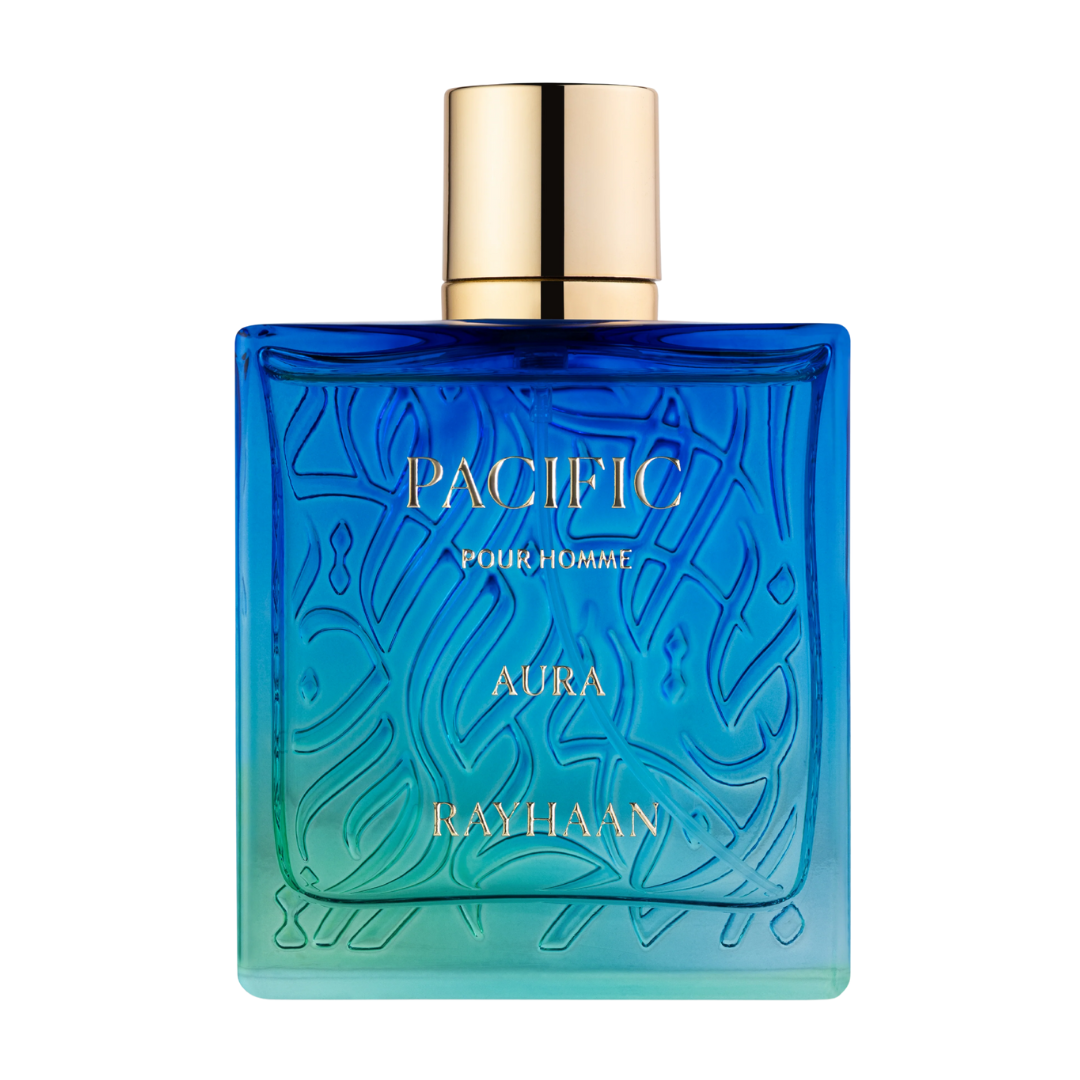Blue perfume bottle with gold cap on a white background. Rayhaan Pacific Aura Mens Perfume