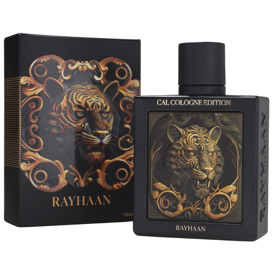 RAYHAAN cologne bottle and packaging with tiger design on a white background. Rayhaan Tiger Cal Cologne Edition Mens Perfume