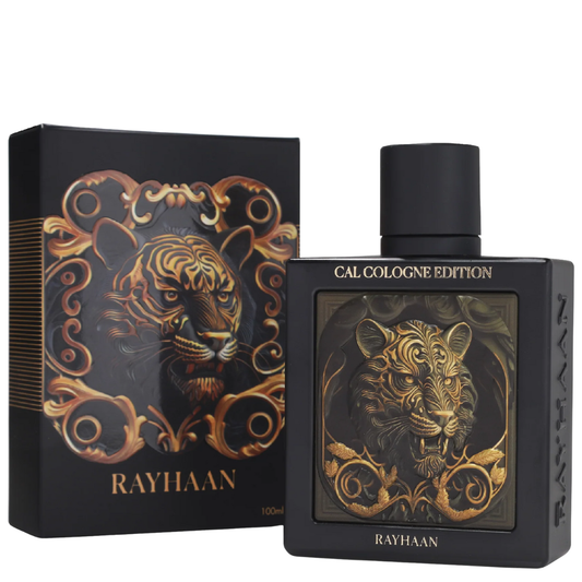 RAYHAAN cologne bottle and packaging with tiger design on a white background. Rayhaan Tiger Cal Cologne Edition Mens Perfume