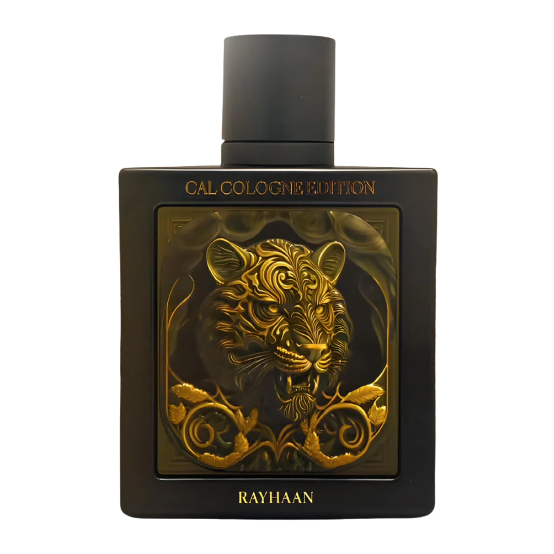 Perfume bottle with gold tiger design and 'Rayhaan' branding on a white background. Rayhaan Tiger Cal Cologne Edition Mens Perfume