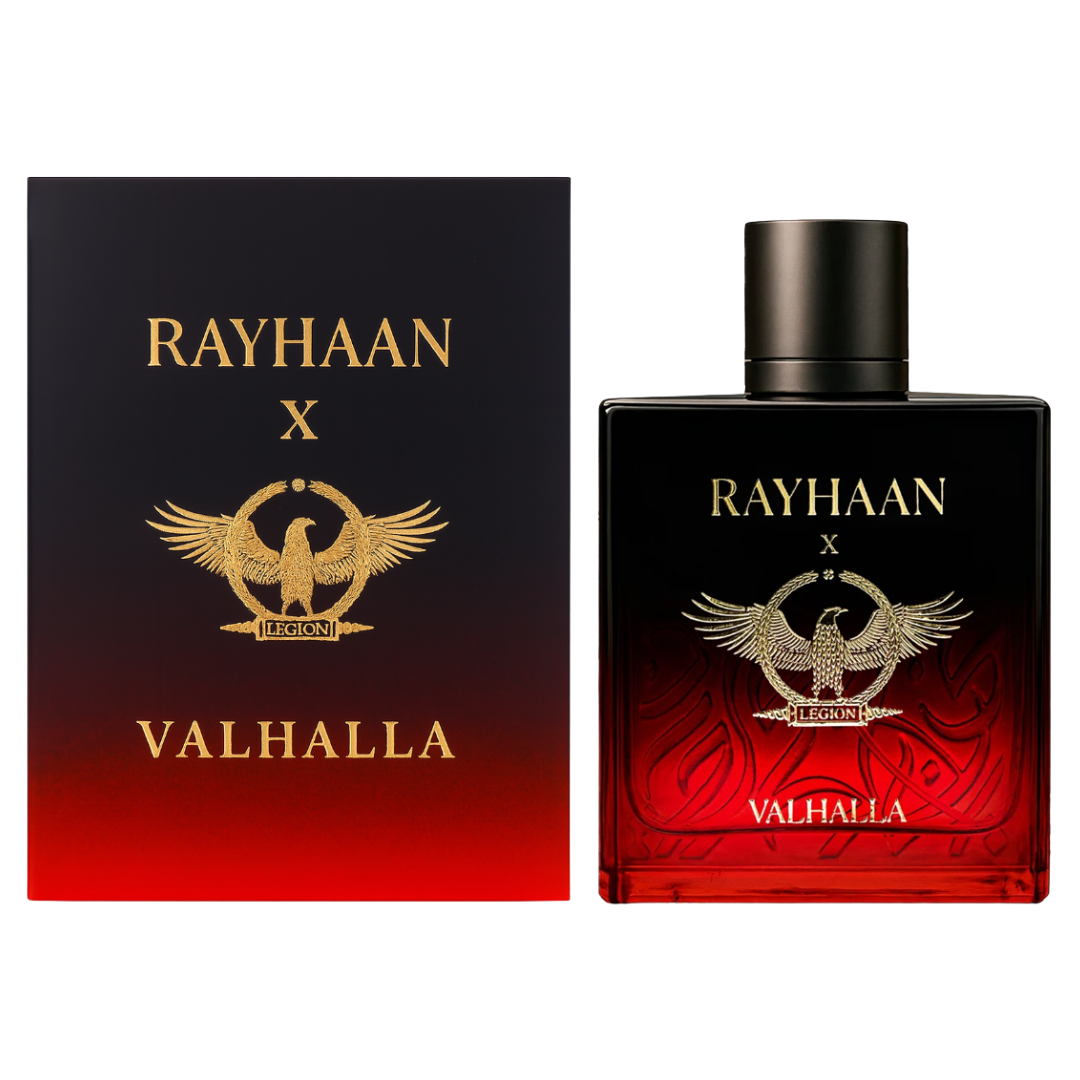 Rayhaan Valhalla perfume bottle and packaging on a white background. Rayhaan X Valhalla Mens Perfume