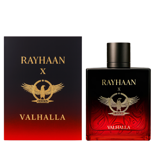 Rayhaan Valhalla perfume bottle and packaging on a white background. Rayhaan X Valhalla Mens Perfume