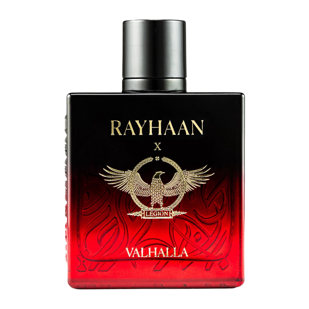 Perfume bottle with 'RAYHAAN' branding on a white background. Rayhaan X Valhalla Mens Perfume