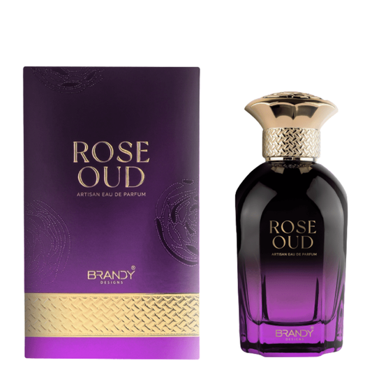 Rose Oud perfume bottle and packaging with gold accents on a white background. Rose Oud by Brandy Designs Unisex Perfume