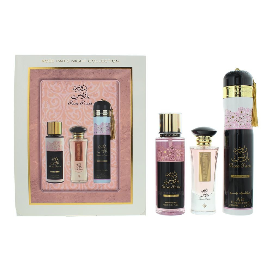 Rose Paris Night Collection perfume set with packaging on a white background