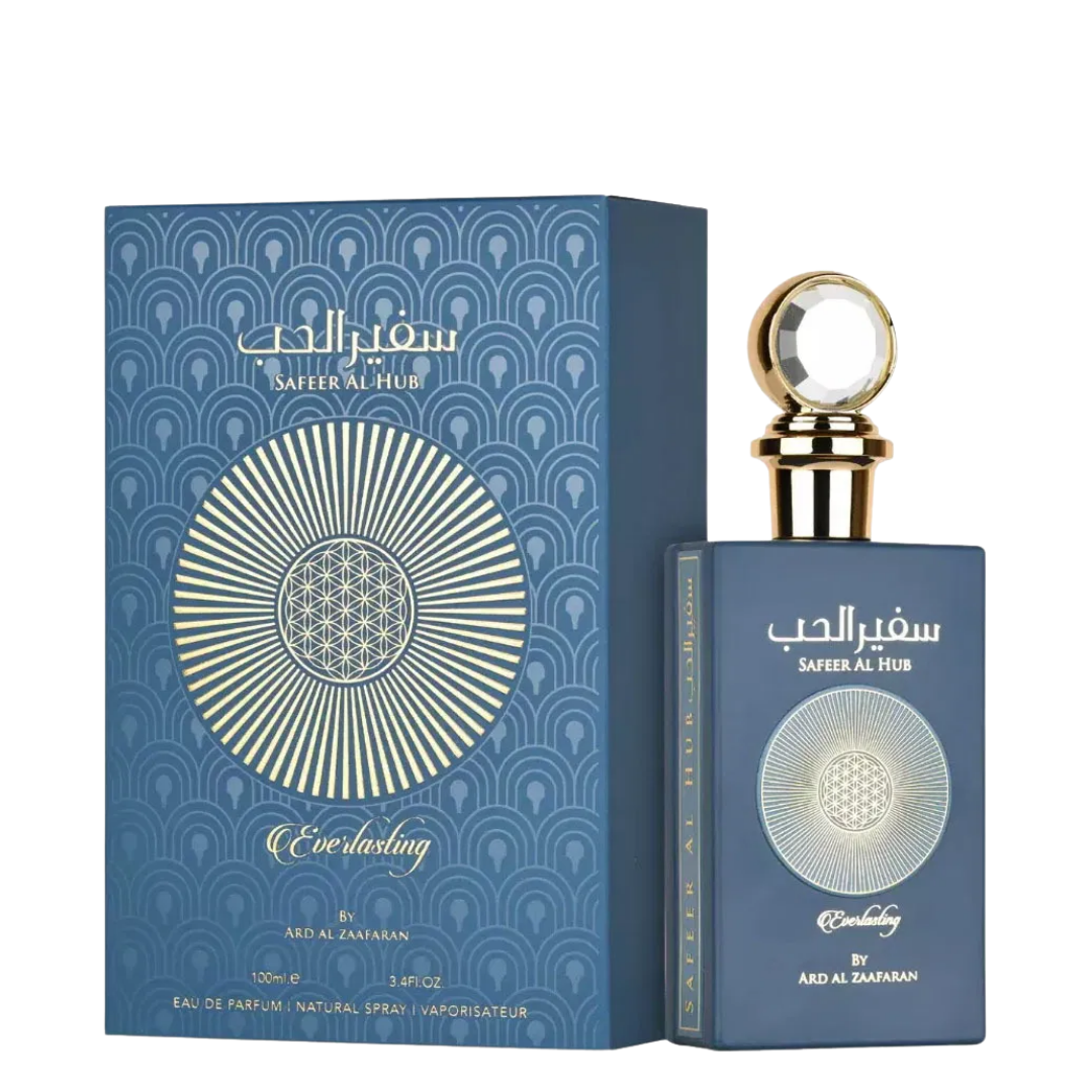 Perfume bottle and packaging of 'Safeer Al Hub' by Ard Al Zaafaran on a white background. Safeer Al Hub Everlasting by Ard Al Zaafaran Unisex Perfume