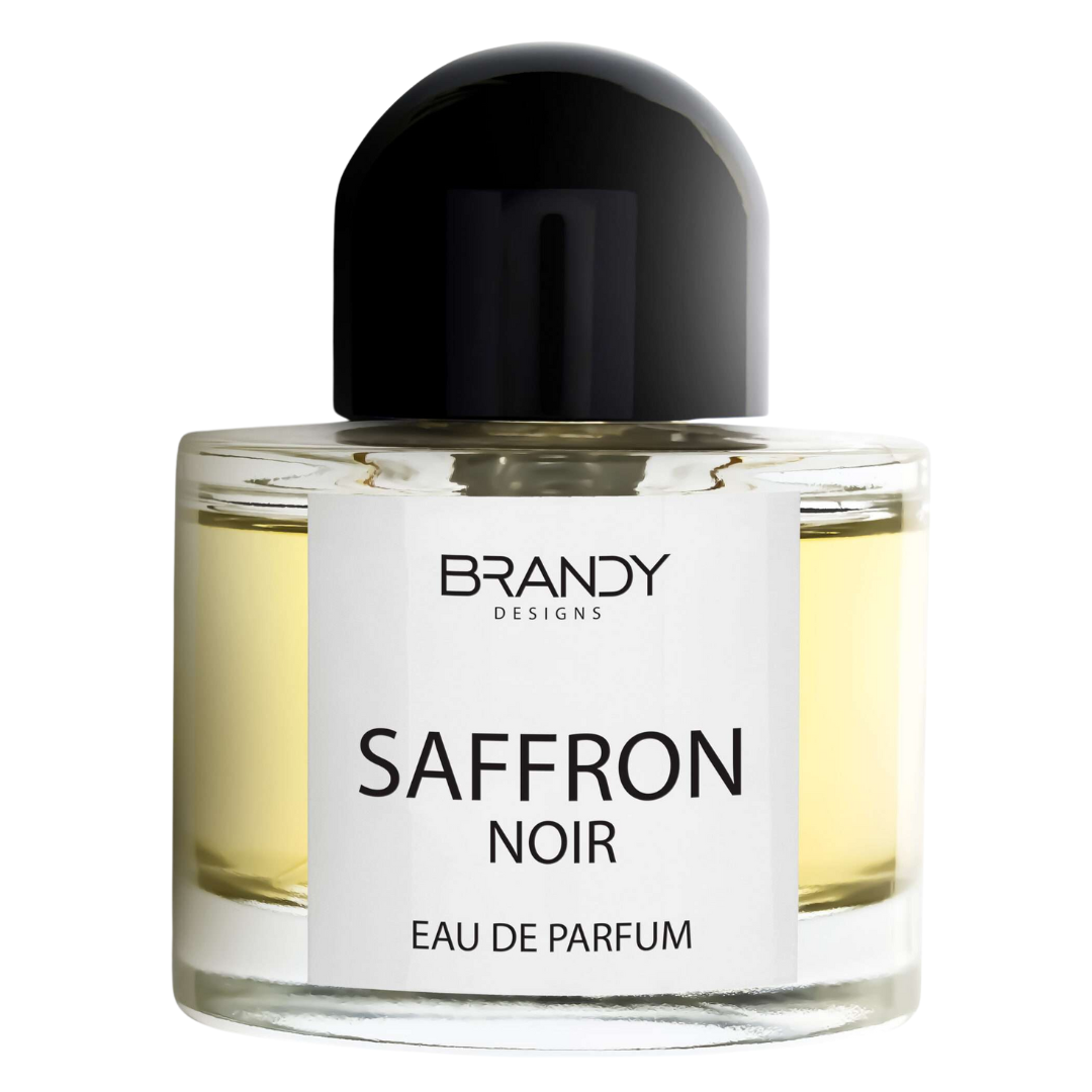 Saffron Noir eau de parfum bottle with black cap on a white background