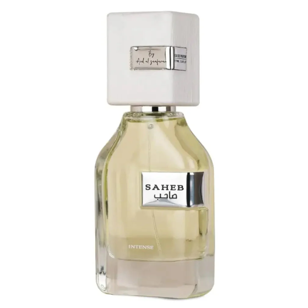 Perfume bottle labeled 'Saheb' on a white background. Ard Al Zaafaran. Clone / dupe of Imagination by Louis Vuitton.