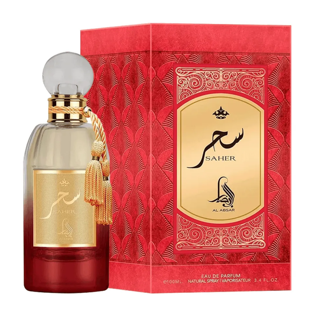 Perfume bottle and packaging with 'Saher' branding on a white background