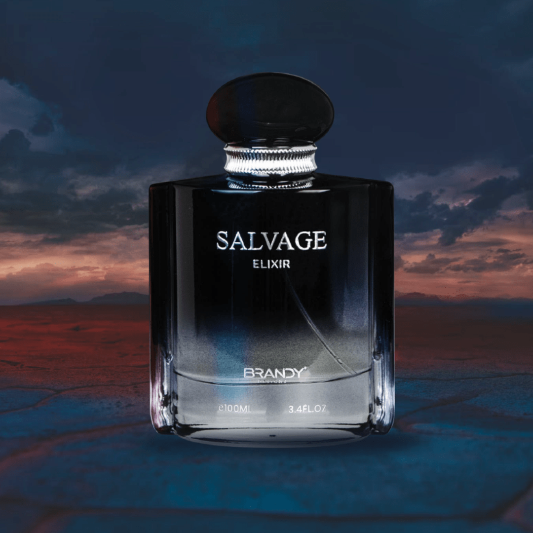 Bottle of Salvage Elixir Brandy against a dramatic sky background. Salvage Elixir by Brandy Designs Mens Perfume