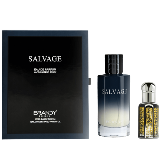Two 'Salvage' perfume bottles on a white background. Salvage Giftset by Brandy Designs Mens Perfume