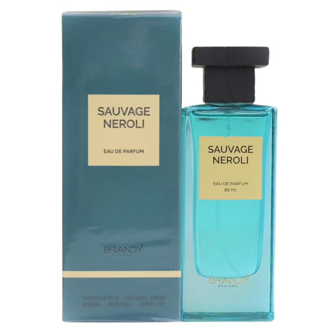 Sauvage Neroli Perfume by Brandy Designs – 85ml Eau de Parfum in teal box and sleek rectangular bottle | citrus neroli scent for men and women. Clone / dupe of / inspired by Creed - Sauvage Neroli.