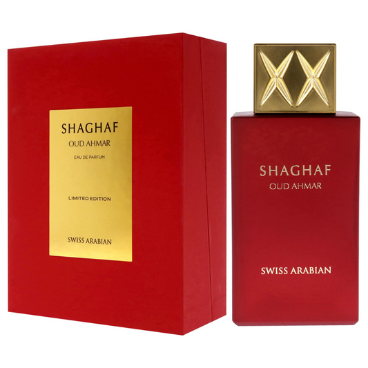 Shaghaf Oud Ahmar perfume bottle and packaging on a white background