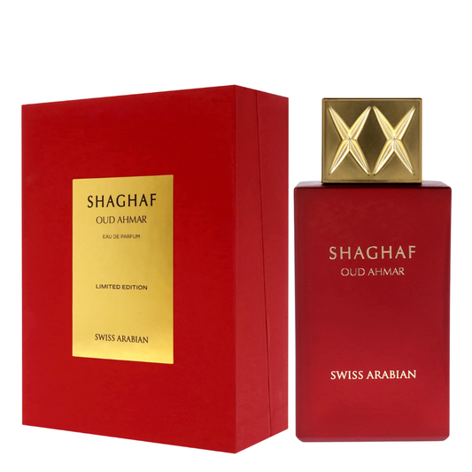 Shaghaf Oud Ahmar perfume bottle and packaging on a white background