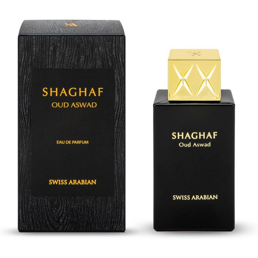 Shaghaf Oud Aswad perfume bottle and packaging on a white background