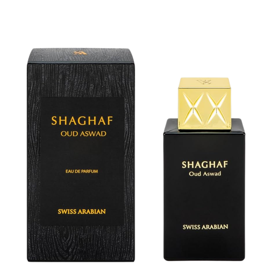 Shaghaf Oud Aswad perfume bottle and packaging on a white background