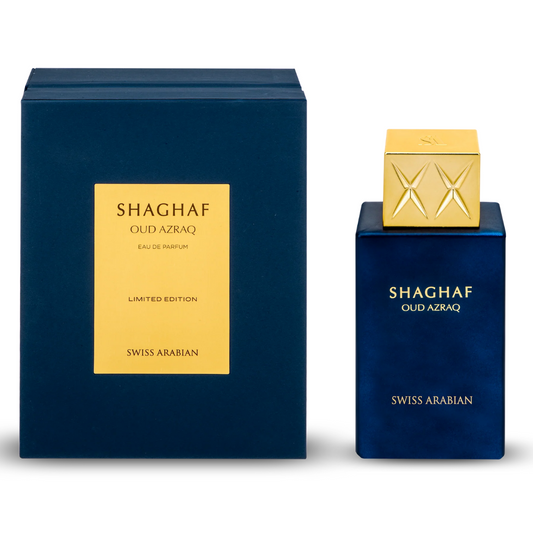 Shaghaf Oud Azraq perfume bottle and packaging on a white background