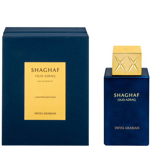 Shaghaf Oud Azraq perfume bottle and packaging on a white background