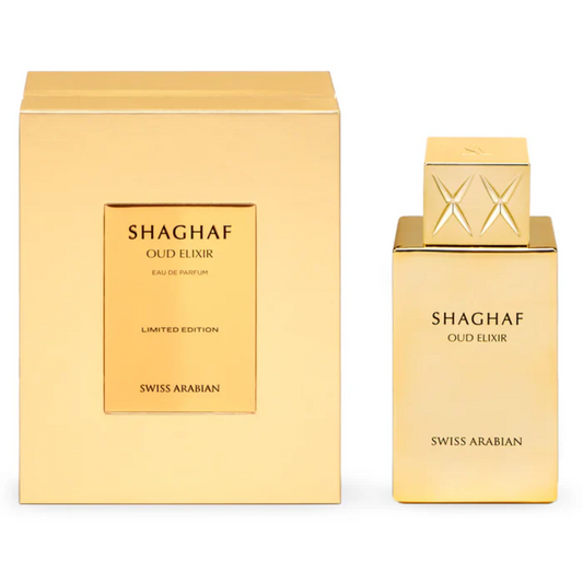Shaghaf Oud Elixir perfume bottle and packaging on a white background