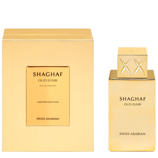 Shaghaf Oud Elixir perfume bottle and packaging on a white background