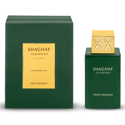Shaghaf Oud Royale perfume bottle and packaging on a white background