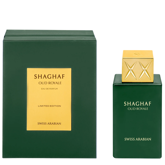 Shaghaf Oud Royale perfume bottle and packaging on a white background