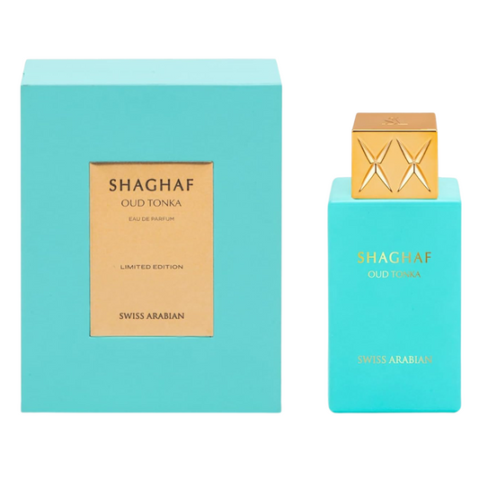 Shaghaf Oud Tonka perfume bottle and packaging on a white background