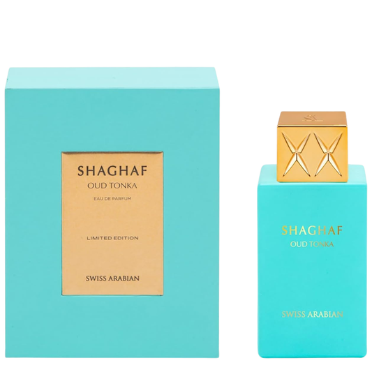 Shaghaf Oud Tonka perfume bottle and packaging on a white background