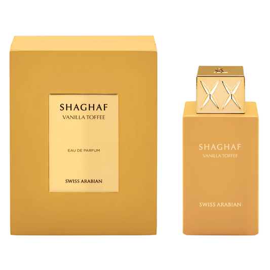 Shaghaf Vanilla Toffee perfume bottle and packaging on a white background