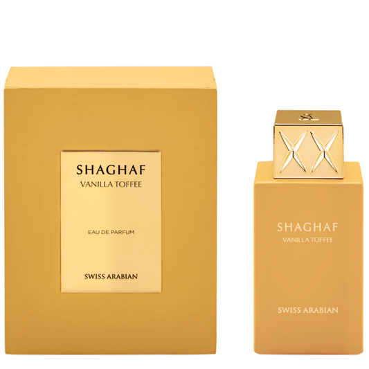 Shaghaf Vanilla Toffee perfume bottle and packaging on a white background