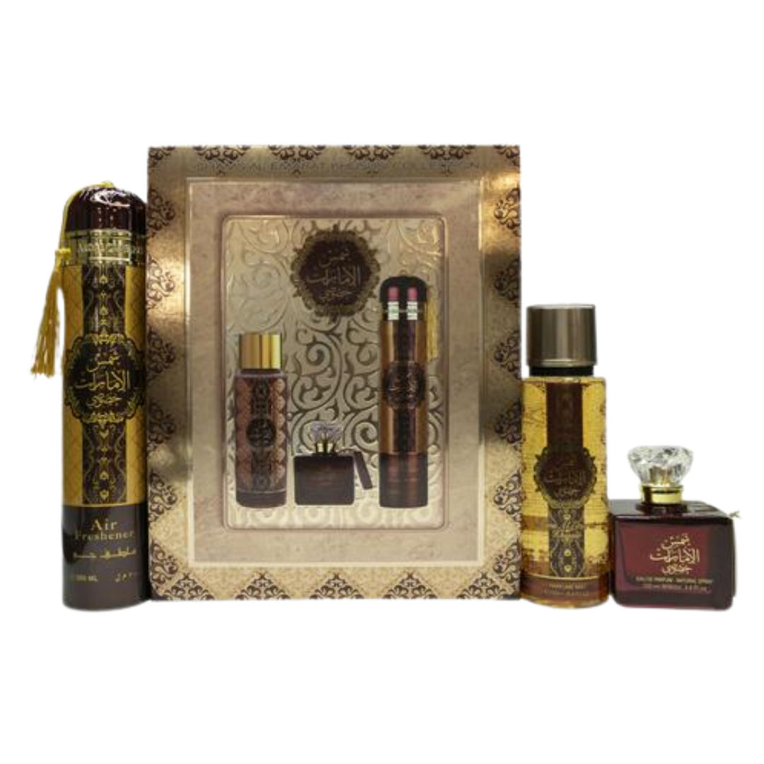 Set of perfume bottles with decorative packaging on a white background. Shams Al Emarat Khususi Giftset by Ard Al Zaafaran Womens Perfume