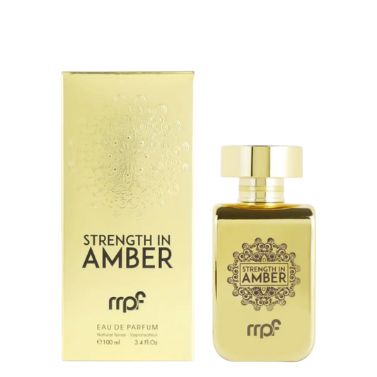 Gold 'Strength in Amber' perfume bottle and packaging on a white background. Strength in Amber by My Perfumes Mens Perfume