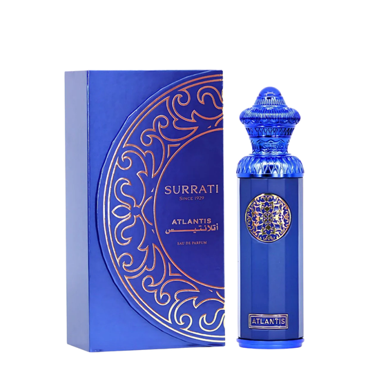 Blue Surrati Atlantis perfume bottle and packaging on a white background