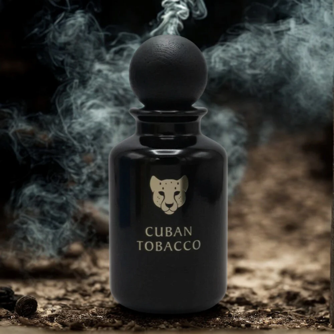 Black bottle labeled 'Cuban Tobacco' with a smoke background