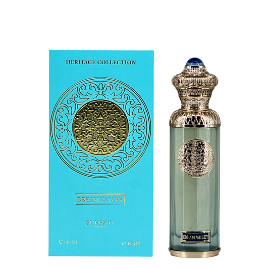 Perfume bottle and packaging of Dream Valley by Surrati from the Heritage Collection on a white background. Surrati Dream Valley Unisex Perfume
