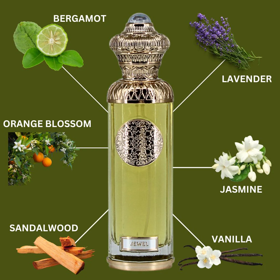 Perfume bottle with floral elements and labels on a green background. Surrati Jewel Unisex Perfume